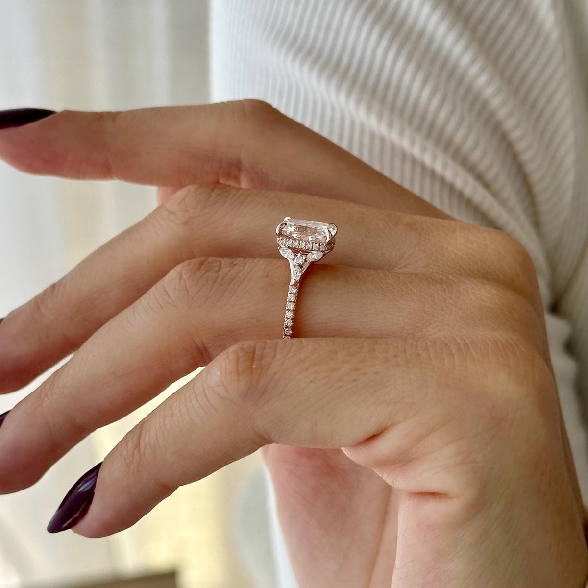 2.0 CT Elongated Cushion Diamond Pure Hidden Halo Pavé Engagement Ring