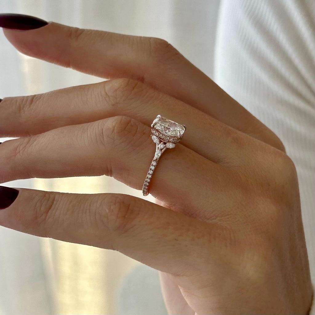 2.0 CT Elongated Cushion Diamond Pure Hidden Halo Pavé Engagement Ring