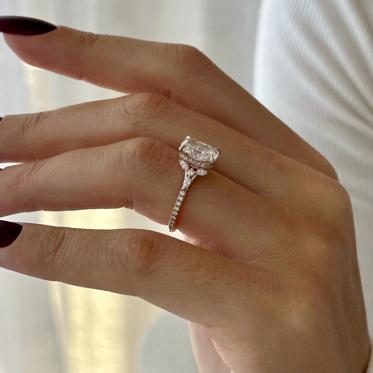 2.0 CT Elongated Cushion Diamond Pure Hidden Halo Pavé Engagement Ring