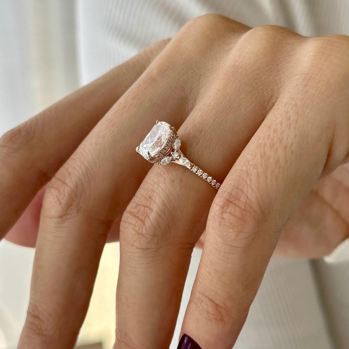 2.0 CT Elongated Cushion Diamond Pure Hidden Halo Pavé Engagement Ring