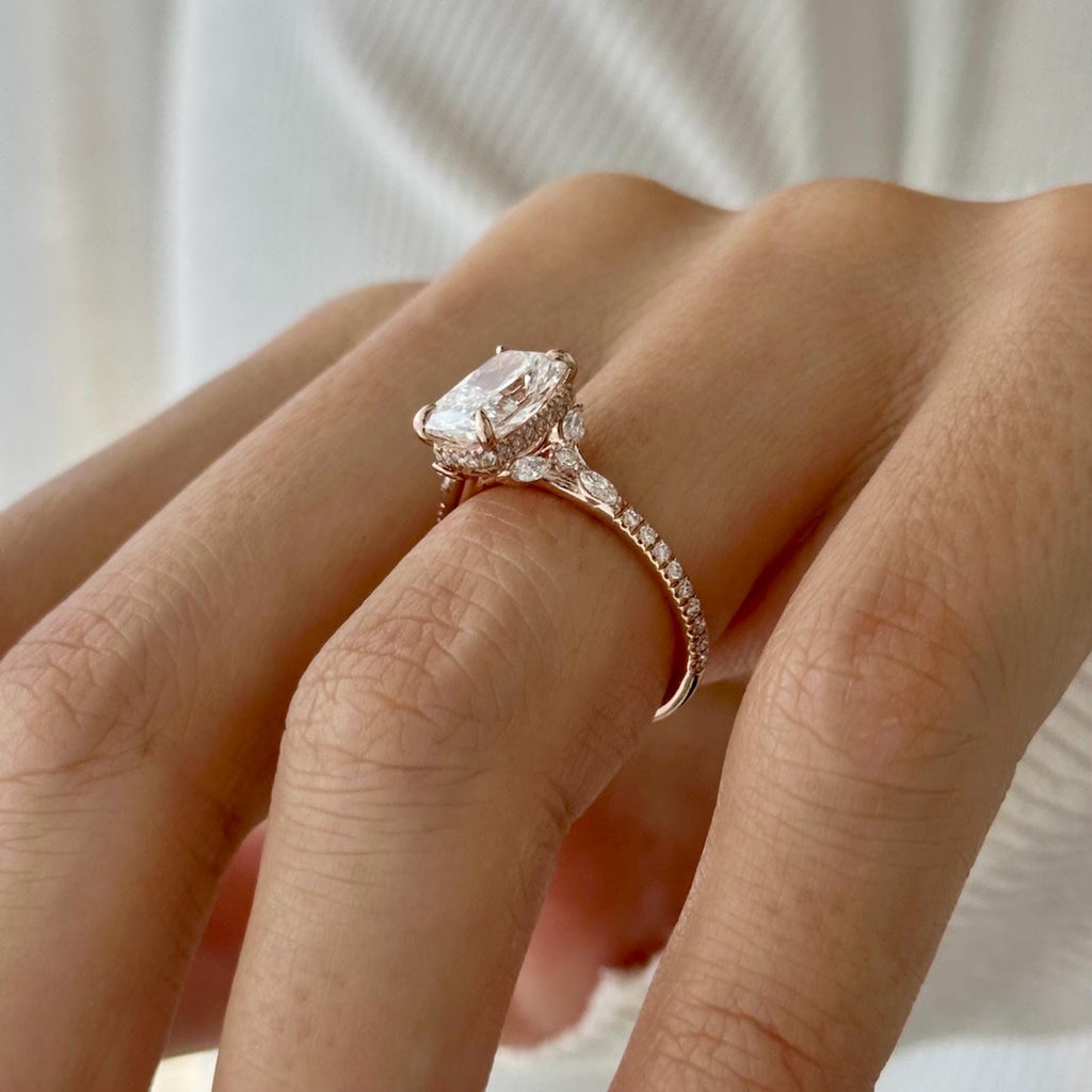 2.0 CT Elongated Cushion Diamond Pure Hidden Halo Pavé Engagement Ring