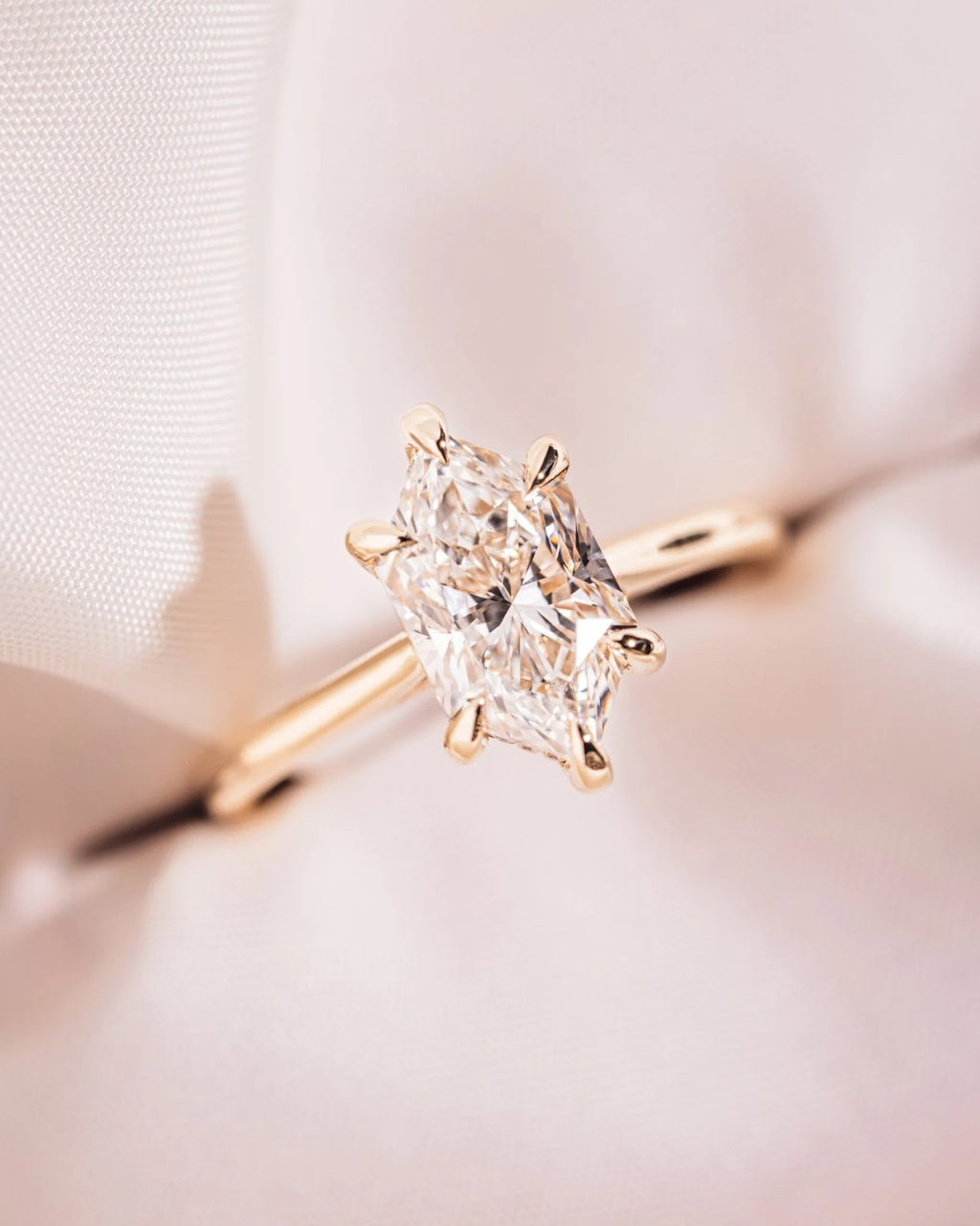 2.0 CT Elongated Hexagon Diamond Hidden Halo Cathedral Engagement Ring