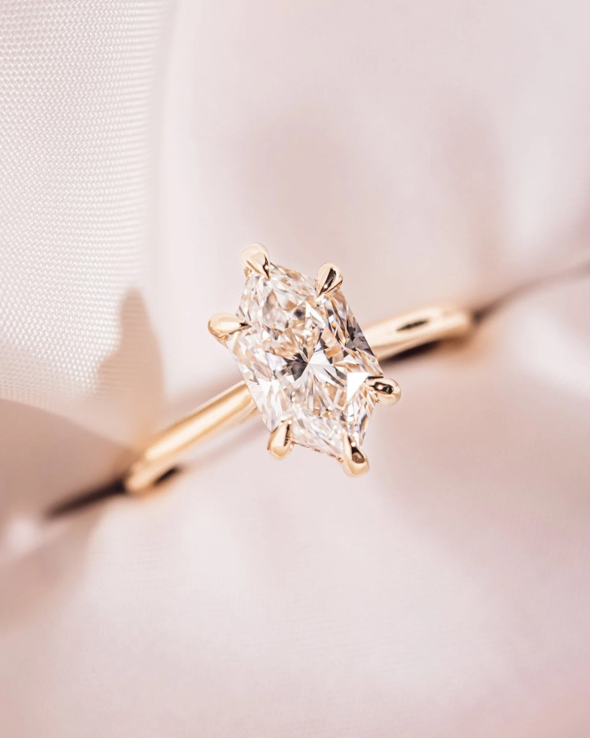 2.0 CT Elongated Hexagon Diamond Hidden Halo Cathedral Engagement Ring