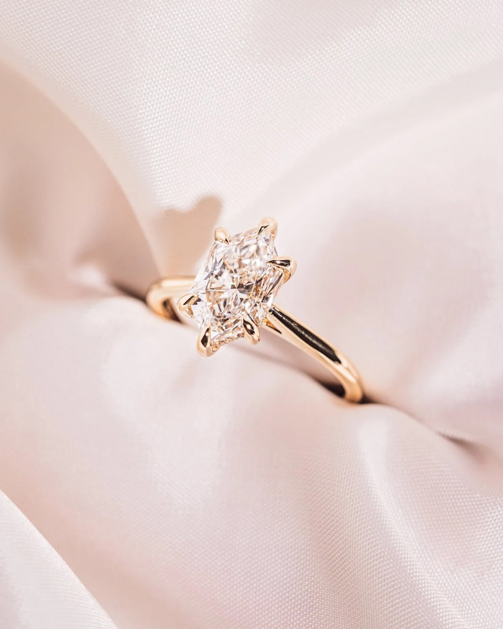 2.0 CT Elongated Hexagon Diamond Hidden Halo Cathedral Engagement Ring