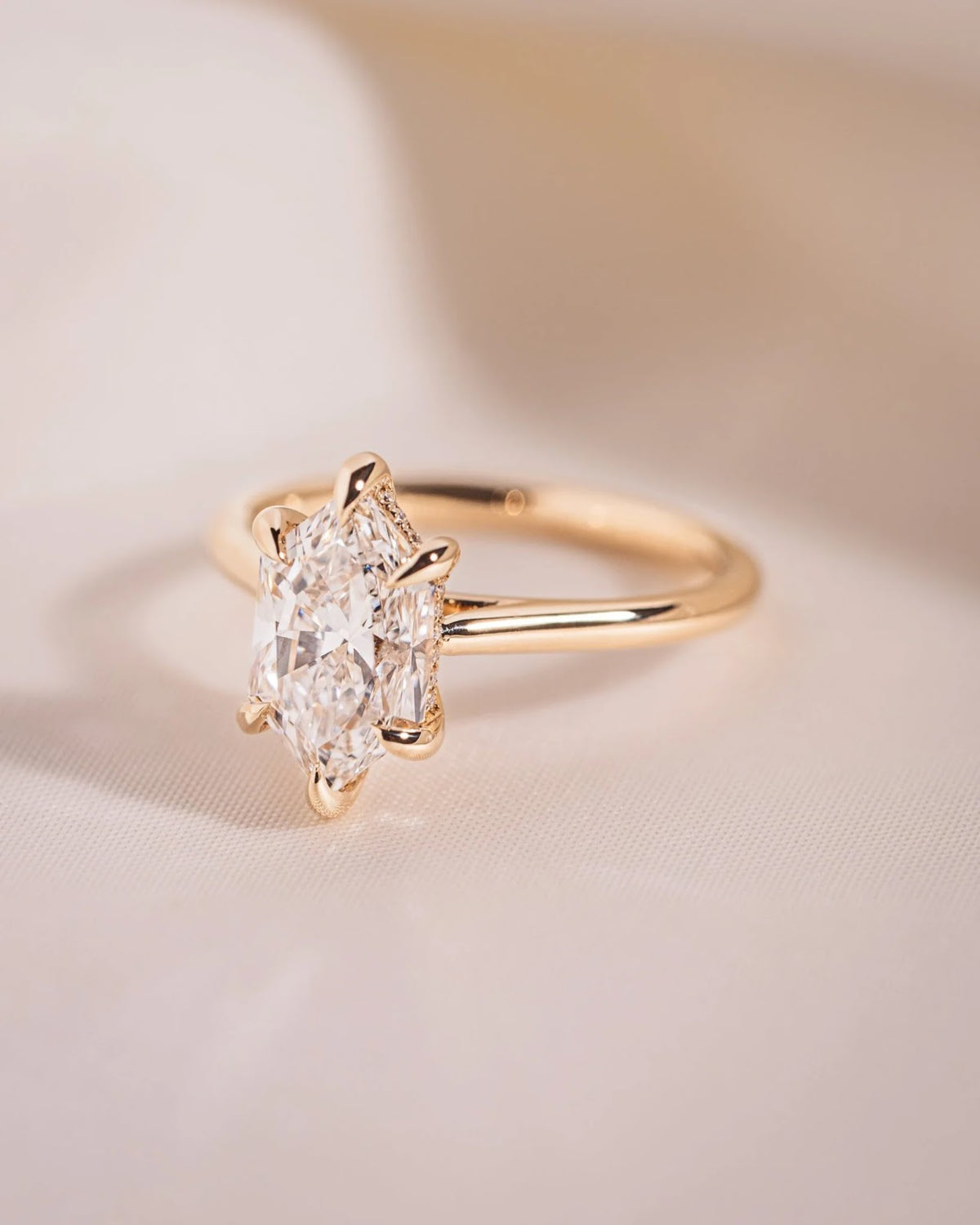 2.0 CT Elongated Hexagon Diamond Hidden Halo Cathedral Engagement Ring