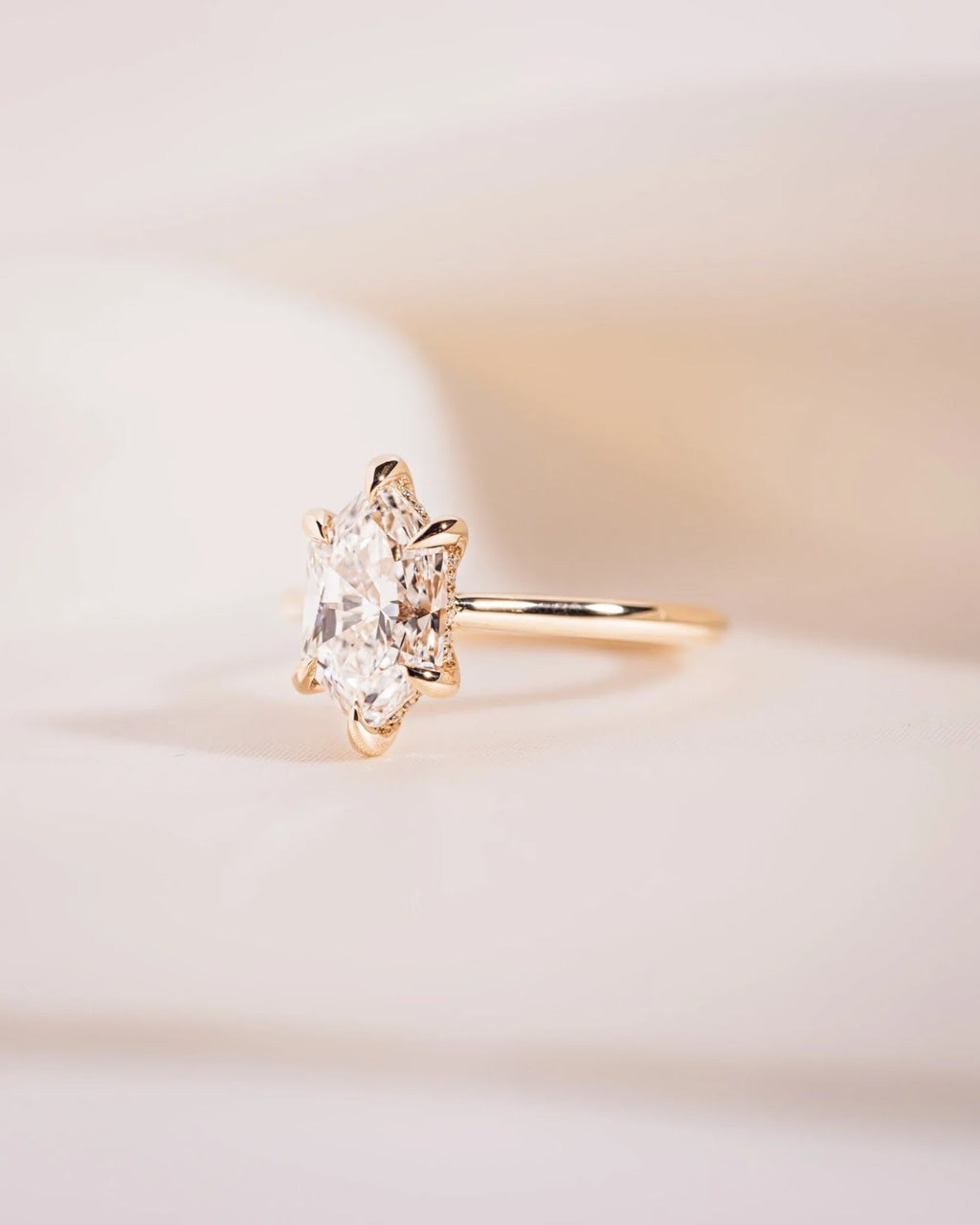 2.0 CT Elongated Hexagon Diamond Hidden Halo Cathedral Engagement Ring