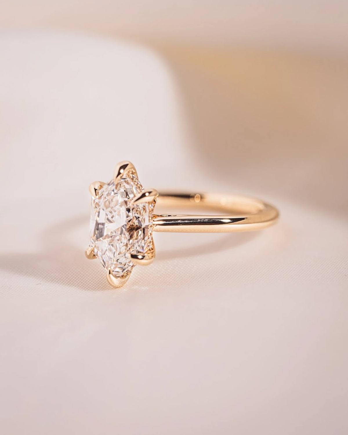 2.0 CT Elongated Hexagon Diamond Hidden Halo Cathedral Engagement Ring