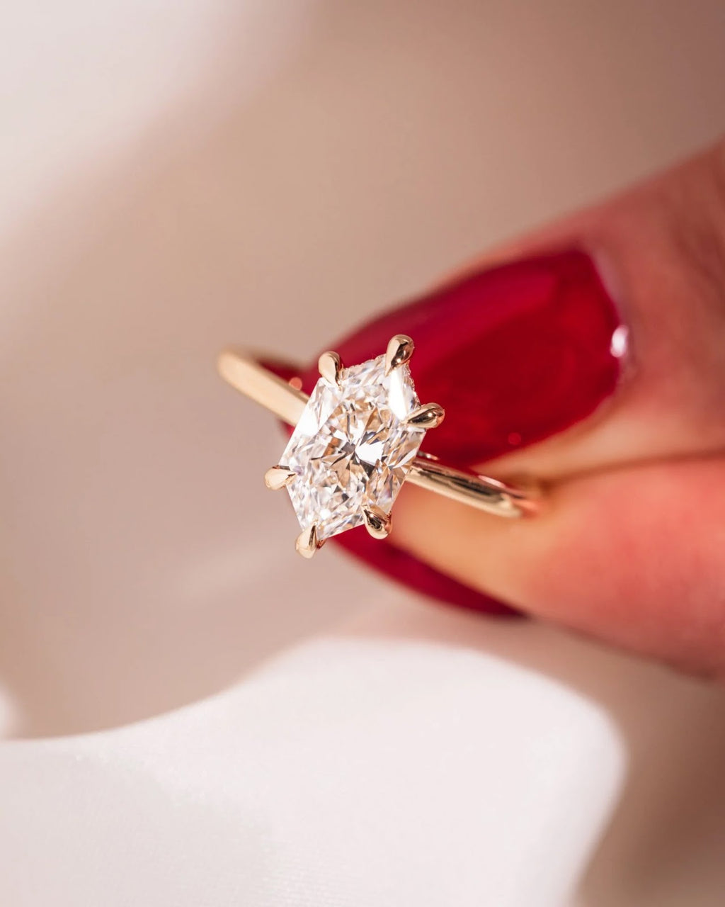 2.0 CT Elongated Hexagon Diamond Hidden Halo Cathedral Engagement Ring