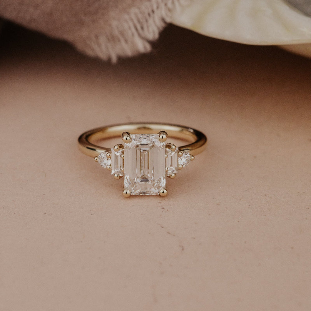 2.0 CT Emerald Diamond Grace Accent Three Stone Engagement Ring