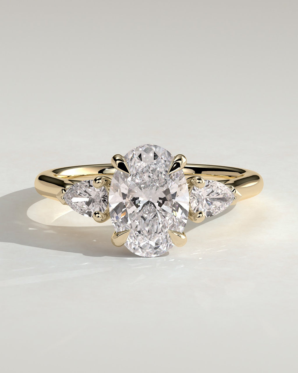 2.0 CT Oval Diamond Dainty Pear Accent Cathedral Three Stone Engagement Ring