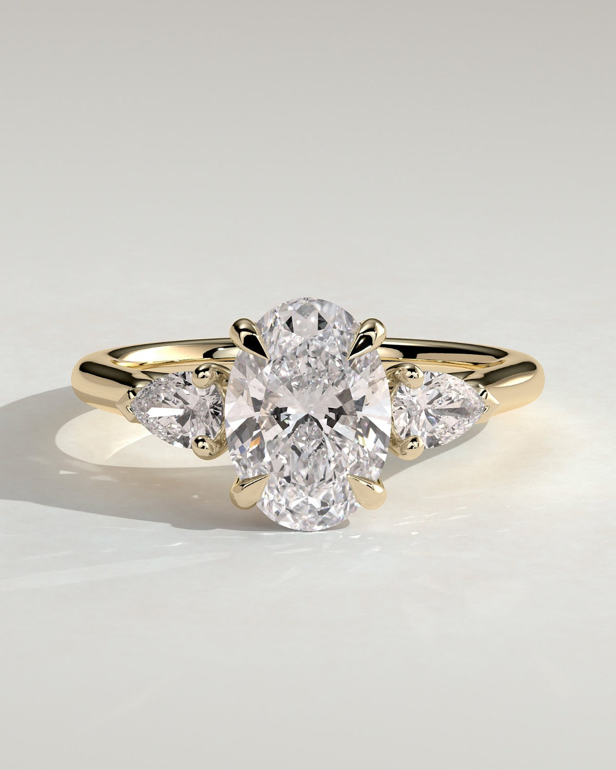 2.0 CT Oval Diamond Dainty Pear Accent Cathedral Three Stone Engagement Ring