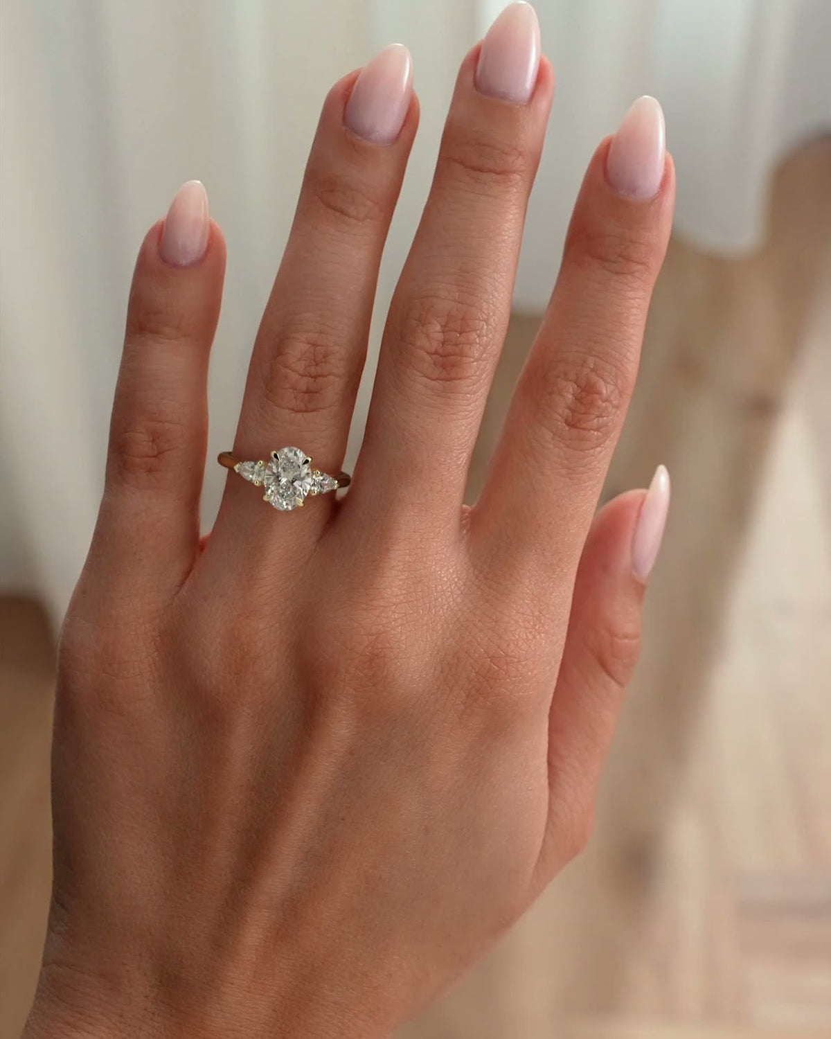 2.0 CT Oval Diamond Dainty Pear Accent Cathedral Three Stone Engagement Ring