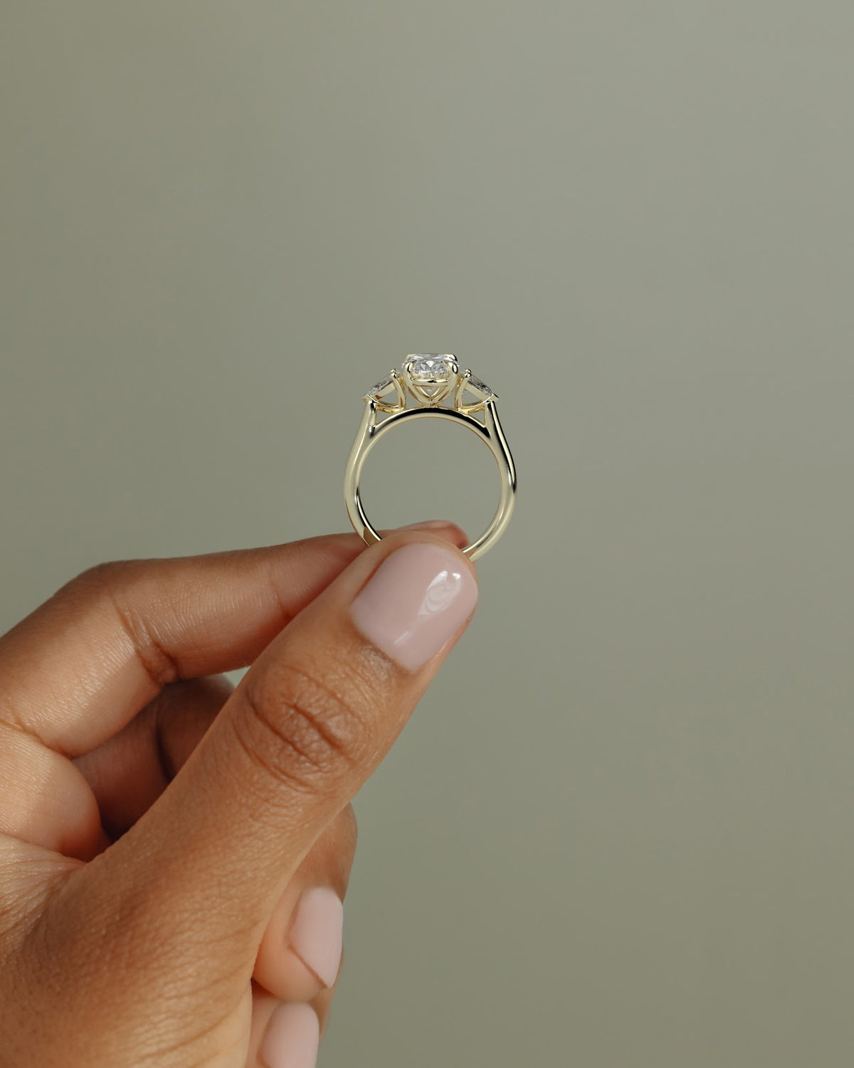 2.0 CT Oval Diamond Dainty Pear Accent Cathedral Three Stone Engagement Ring