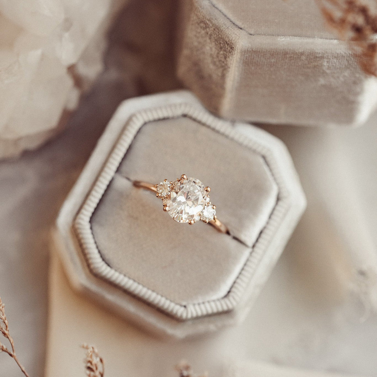 2.0 CT Oval Diamond Heritage Round Accent Three Stone Engagement Ring