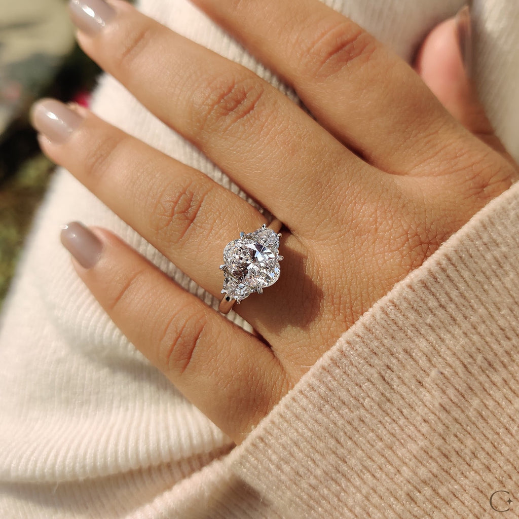 2.0 CT Oval Diamond Pinnacle Accent Three Stone Engagement Ring