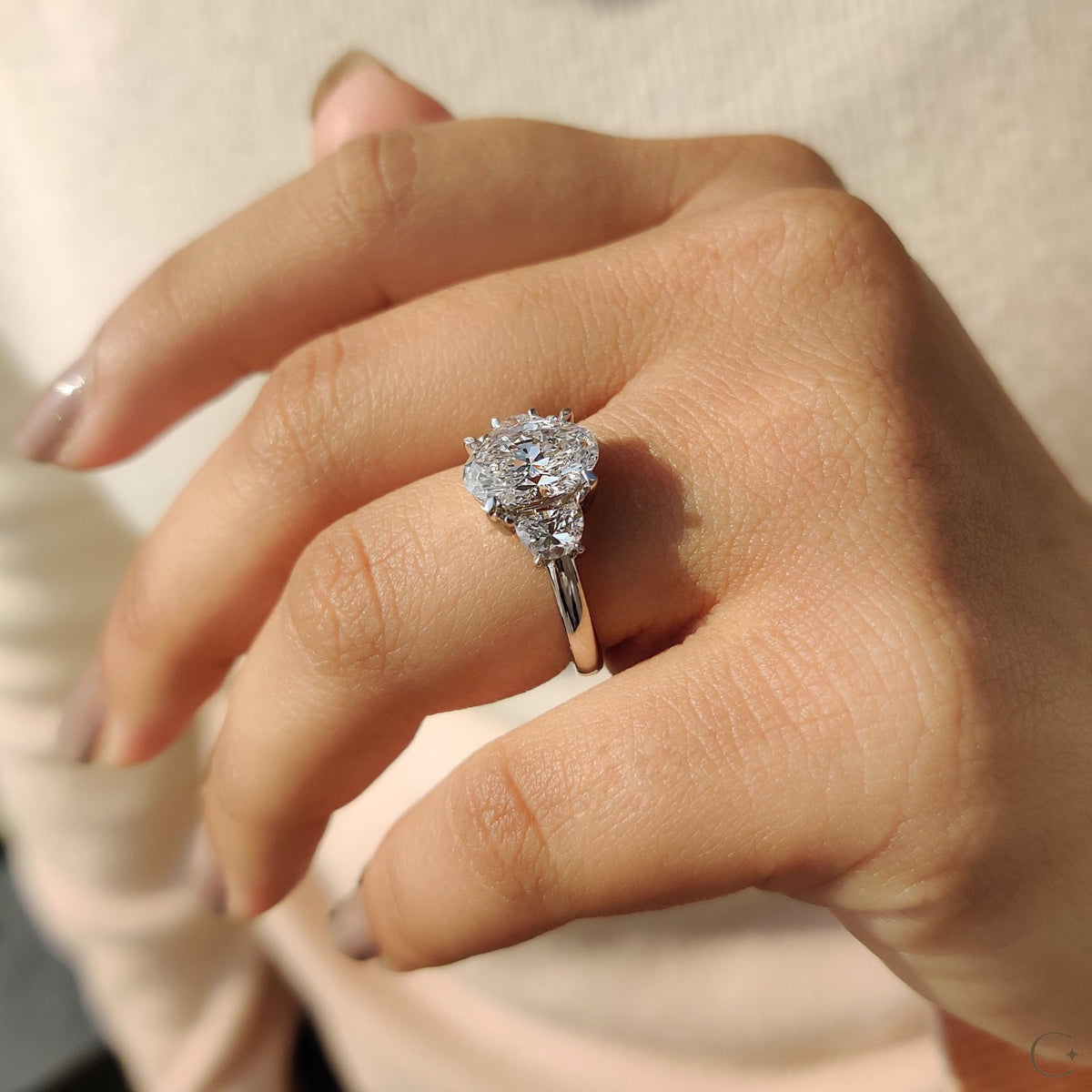 2.0 CT Oval Diamond Pinnacle Accent Three Stone Engagement Ring