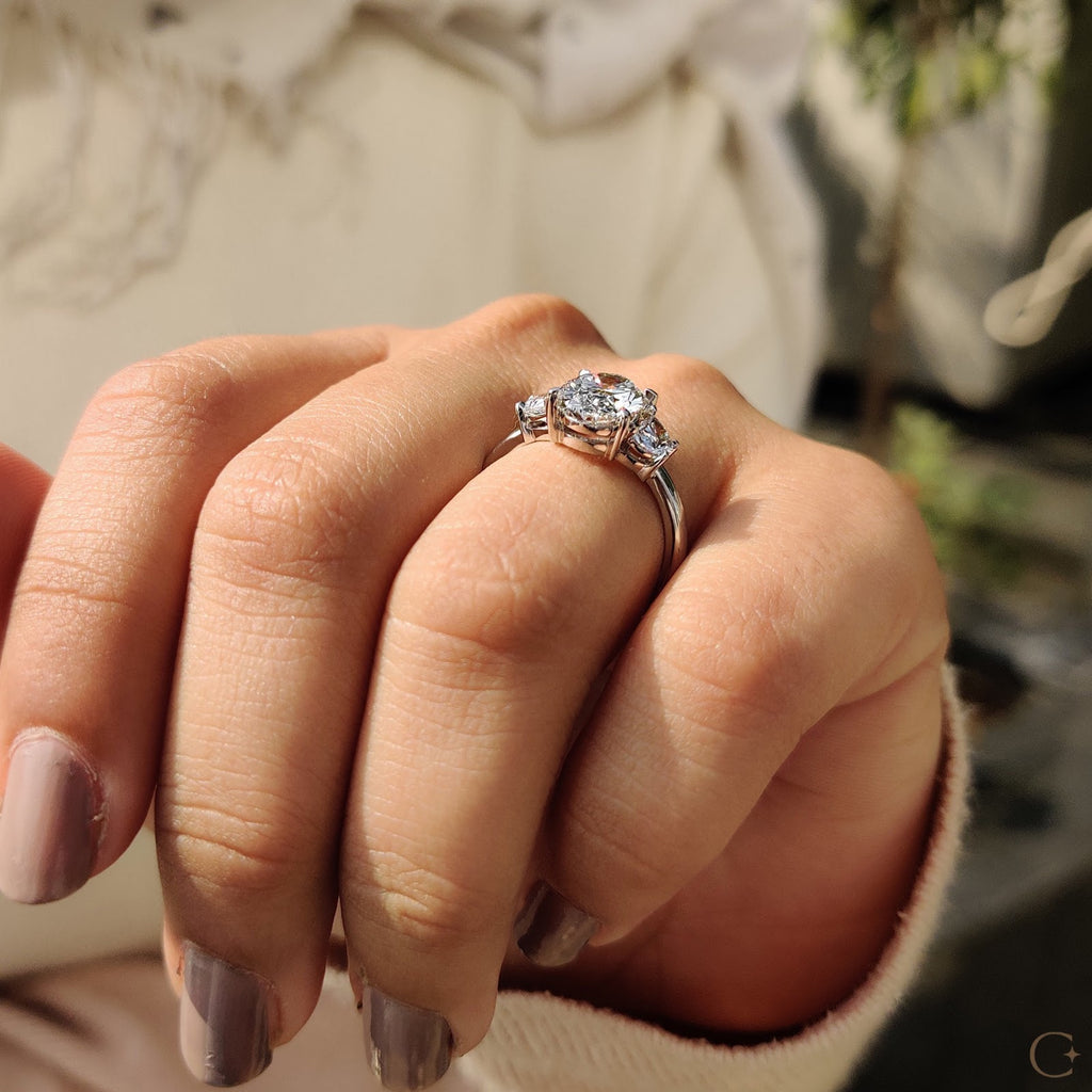 2.0 CT Oval Diamond Pinnacle Accent Three Stone Engagement Ring