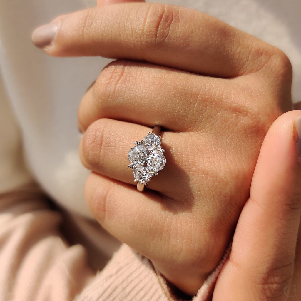 2.0 CT Oval Diamond Pinnacle Accent Three Stone Engagement Ring