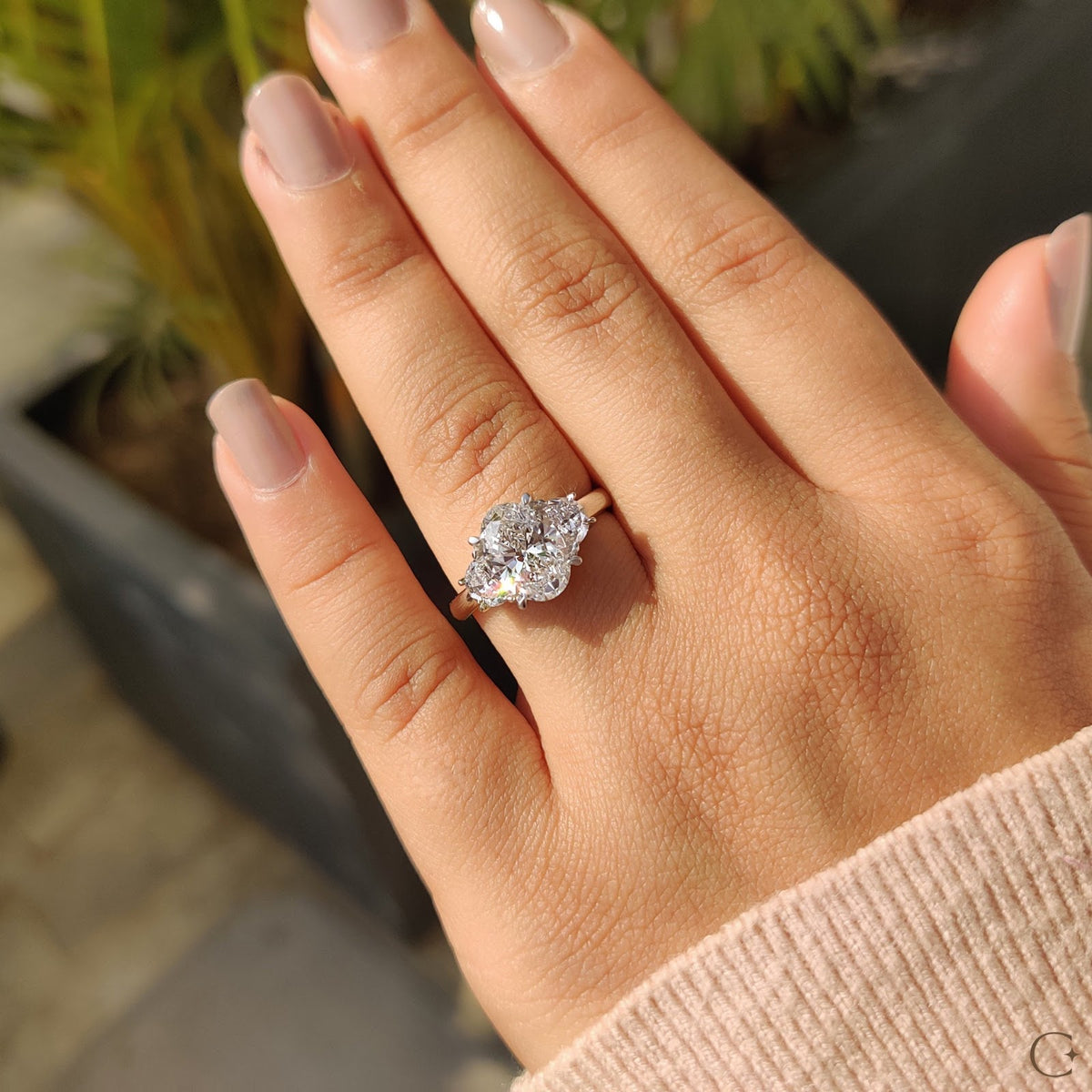 2.0 CT Oval Diamond Pinnacle Accent Three Stone Engagement Ring