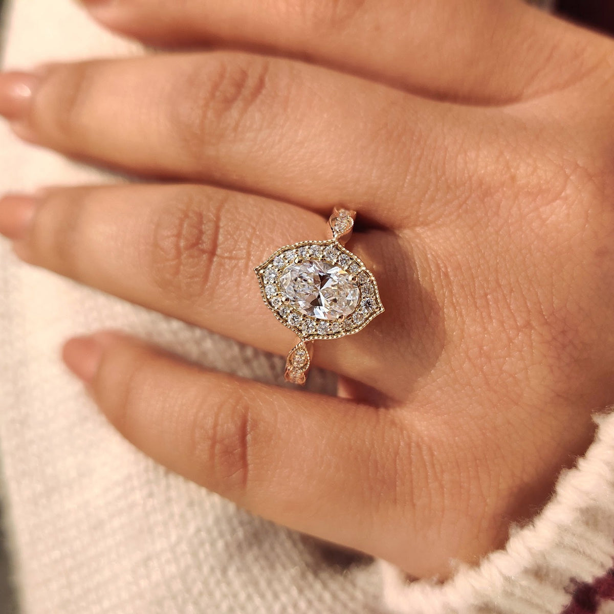 2.0 CT Oval Diamond Pure Halo Pavé Milgrain Engagement Ring