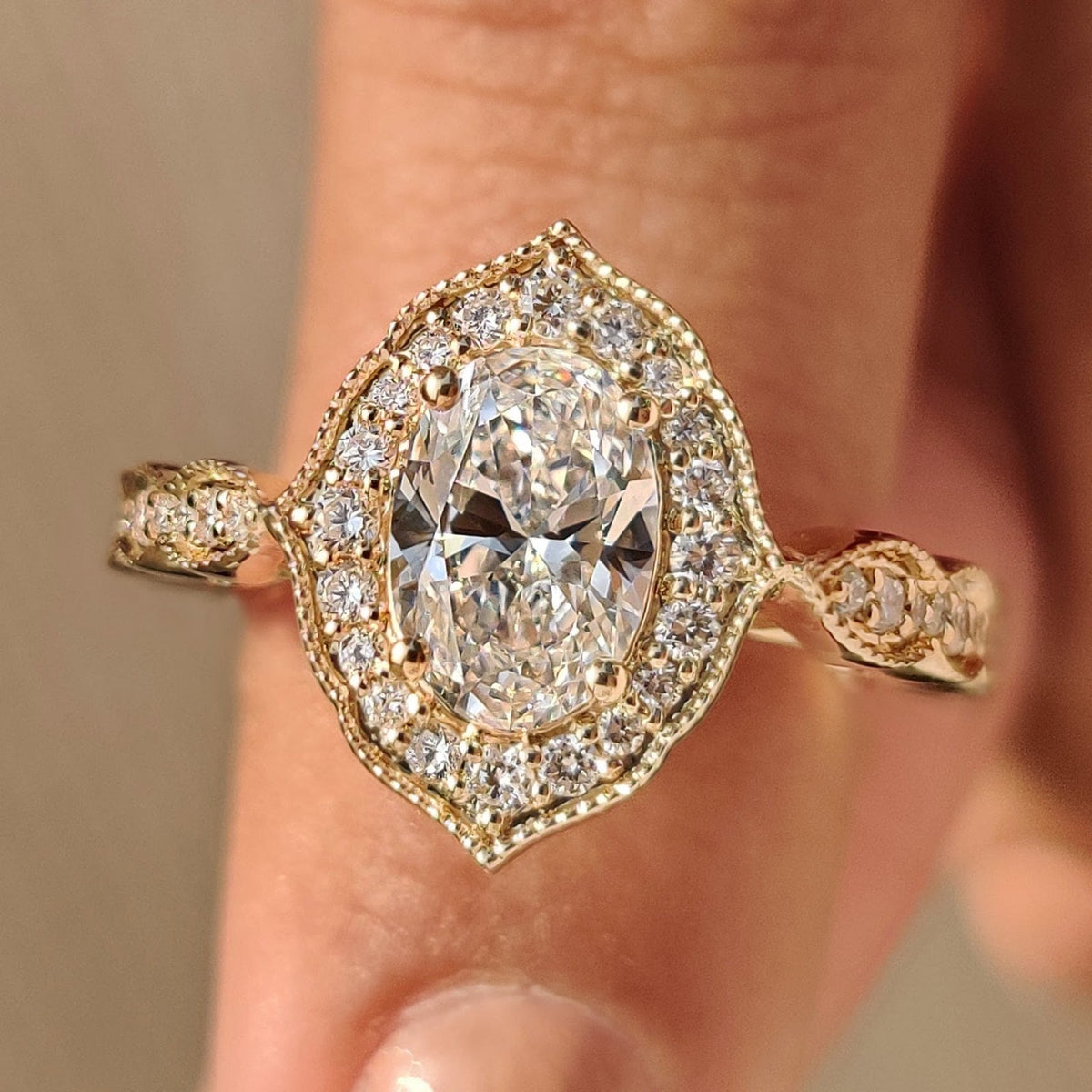 2.0 CT Oval Diamond Pure Halo Pavé Milgrain Engagement Ring