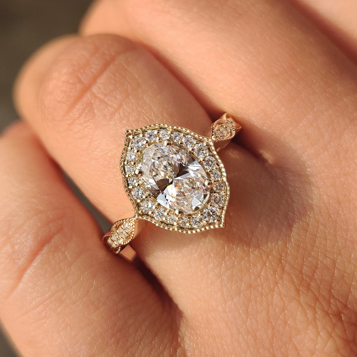 2.0 CT Oval Diamond Pure Halo Pavé Milgrain Engagement Ring