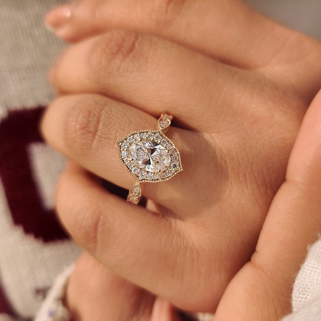 2.0 CT Oval Diamond Pure Halo Pavé Milgrain Engagement Ring