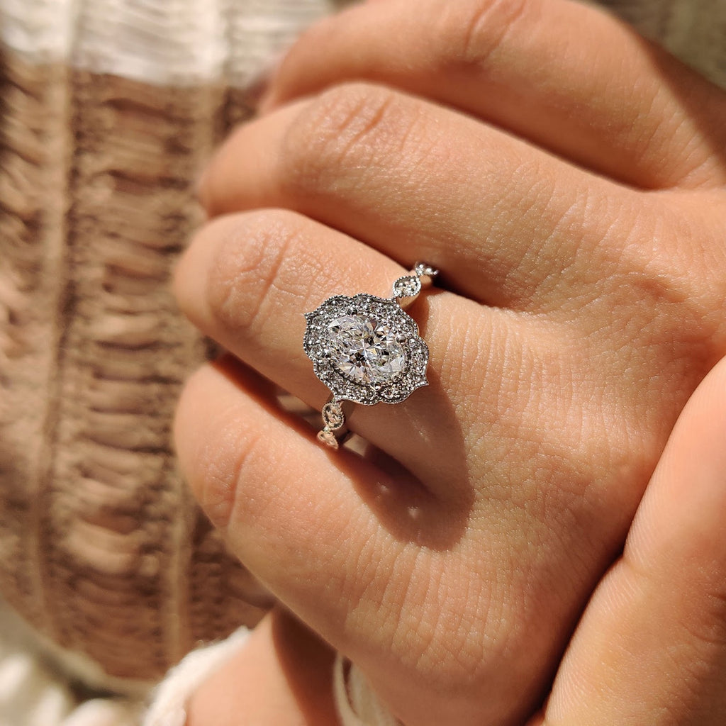 2.0 CT Oval Diamond Subtle Halo Pavé Milgrain Engagement Ring
