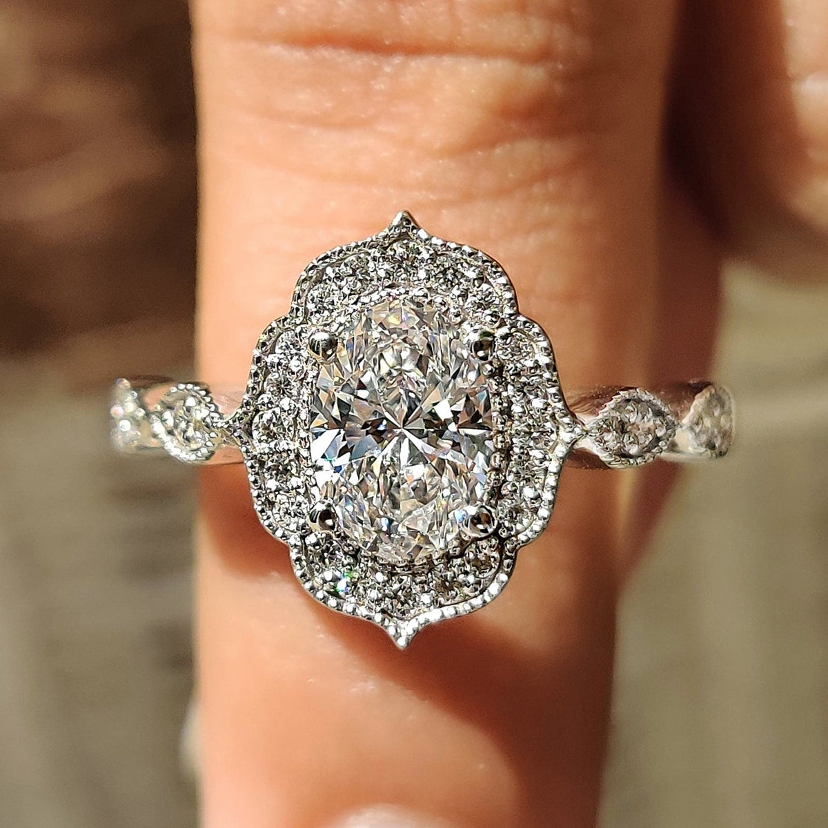 2.0 CT Oval Diamond Subtle Halo Pavé Milgrain Engagement Ring