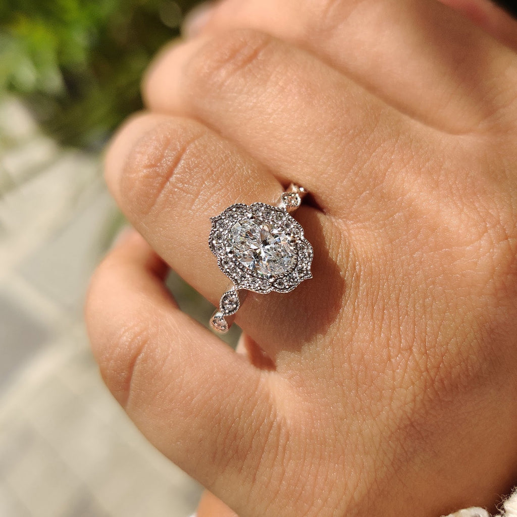 2.0 CT Oval Diamond Subtle Halo Pavé Milgrain Engagement Ring