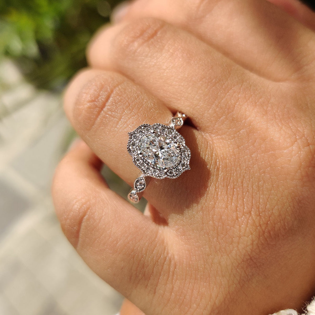 2.0 CT Oval Diamond Subtle Halo Pavé Milgrain Engagement Ring