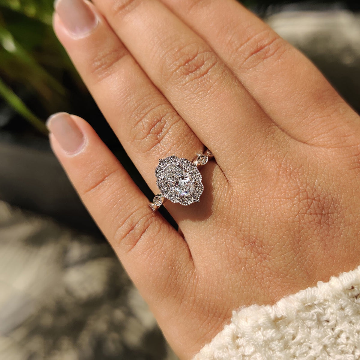 2.0 CT Oval Diamond Subtle Halo Pavé Milgrain Engagement Ring