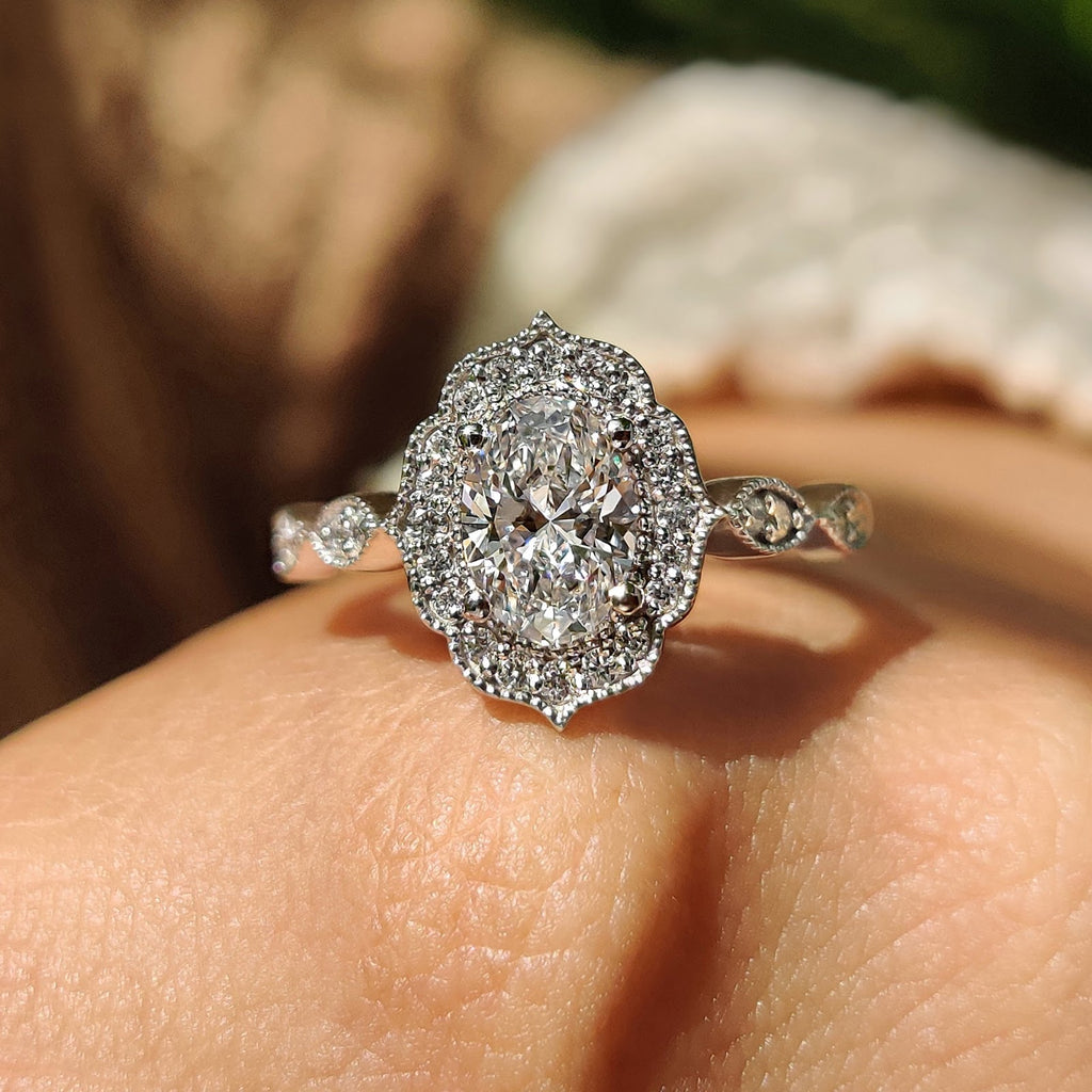 2.0 CT Oval Diamond Subtle Halo Pavé Milgrain Engagement Ring