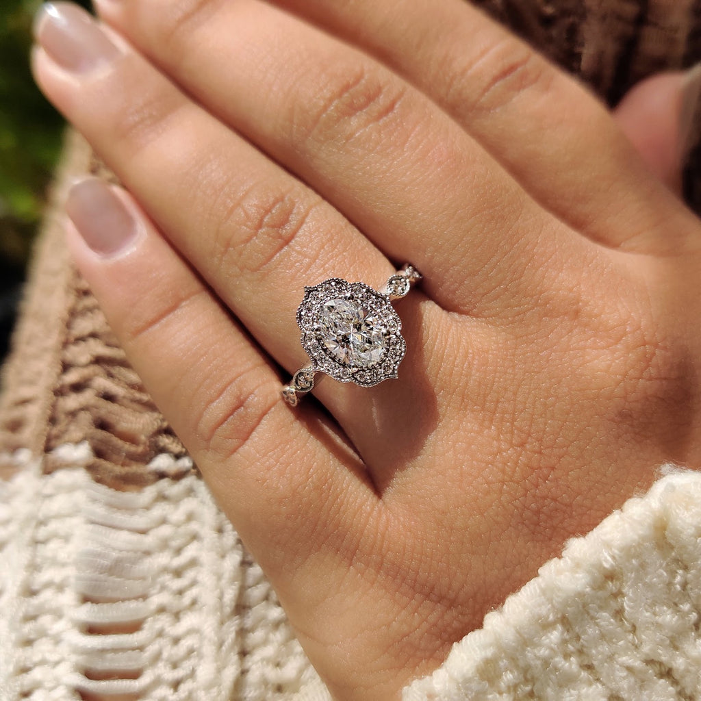 2.0 CT Oval Diamond Subtle Halo Pavé Milgrain Engagement Ring