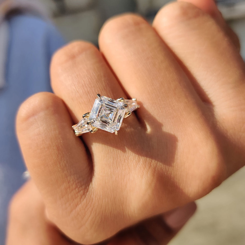 2.59 CT Asscher Diamond Botanica Hidden Halo Pavé Three Stone Engagement Ring