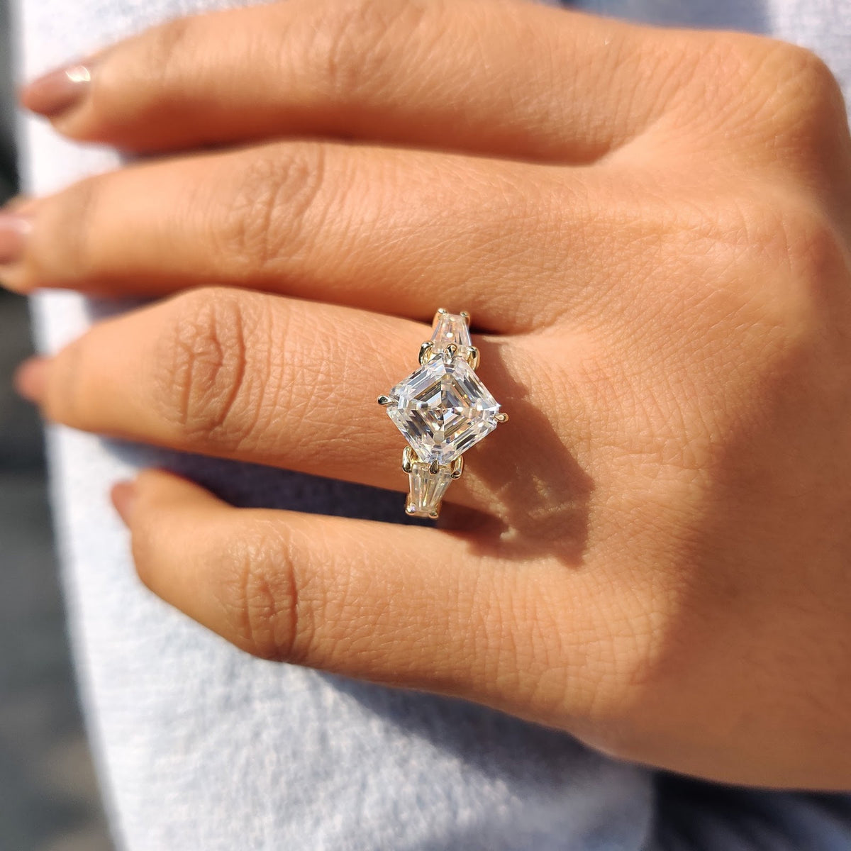 2.59 CT Asscher Diamond Botanica Hidden Halo Pavé Three Stone Engagement Ring