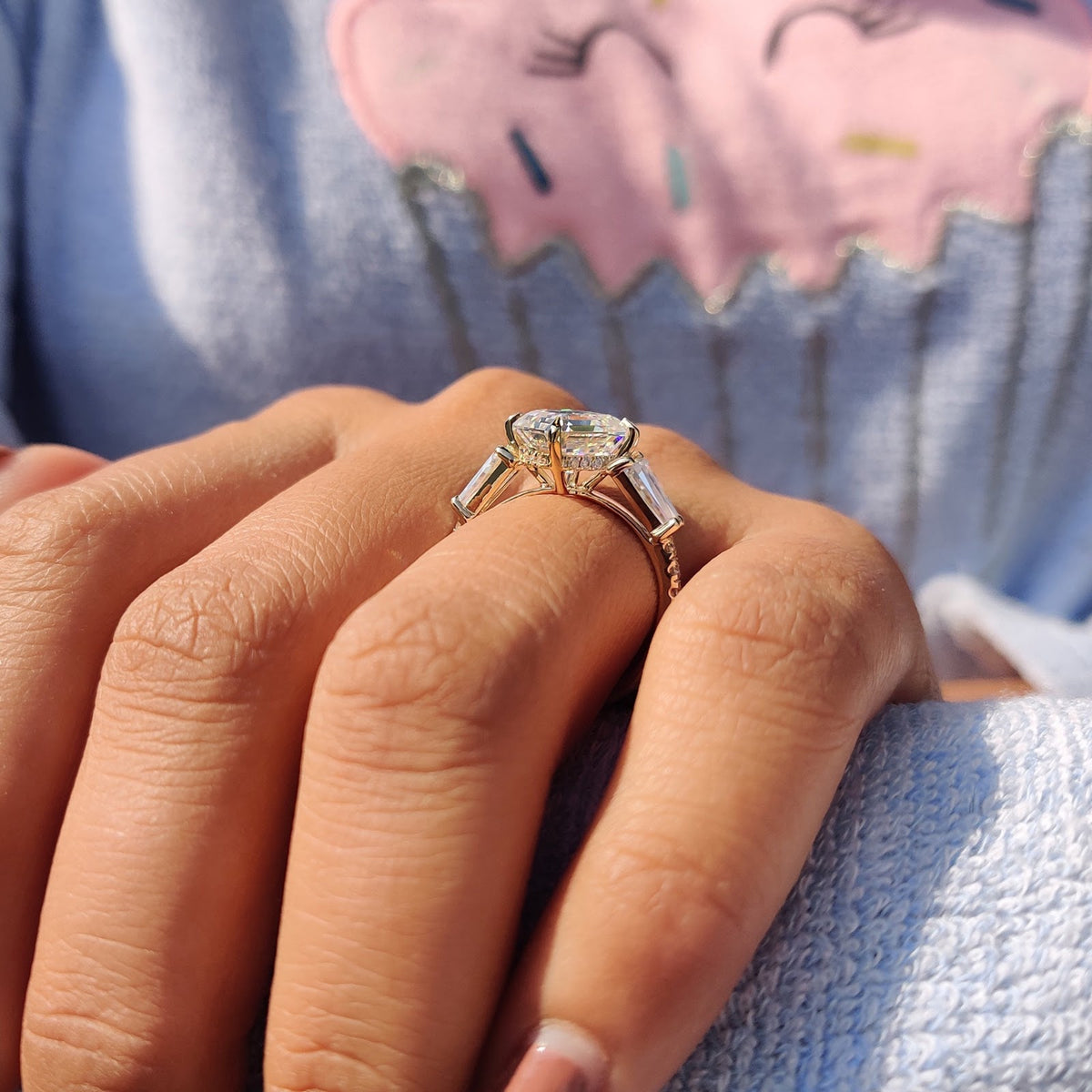 2.59 CT Asscher Diamond Botanica Hidden Halo Pavé Three Stone Engagement Ring
