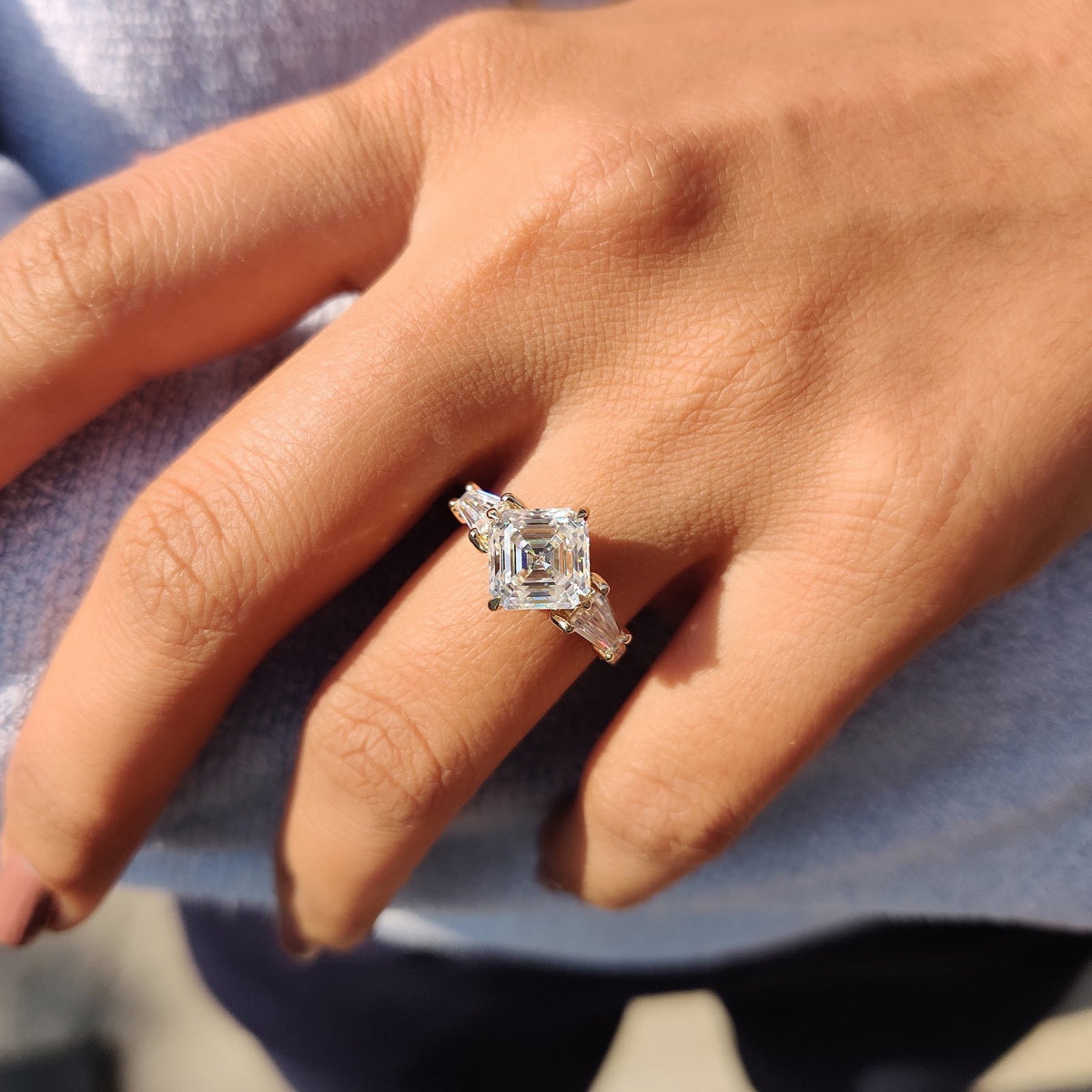 2.59 CT Asscher Diamond Botanica Hidden Halo Pavé Three Stone Engagement Ring