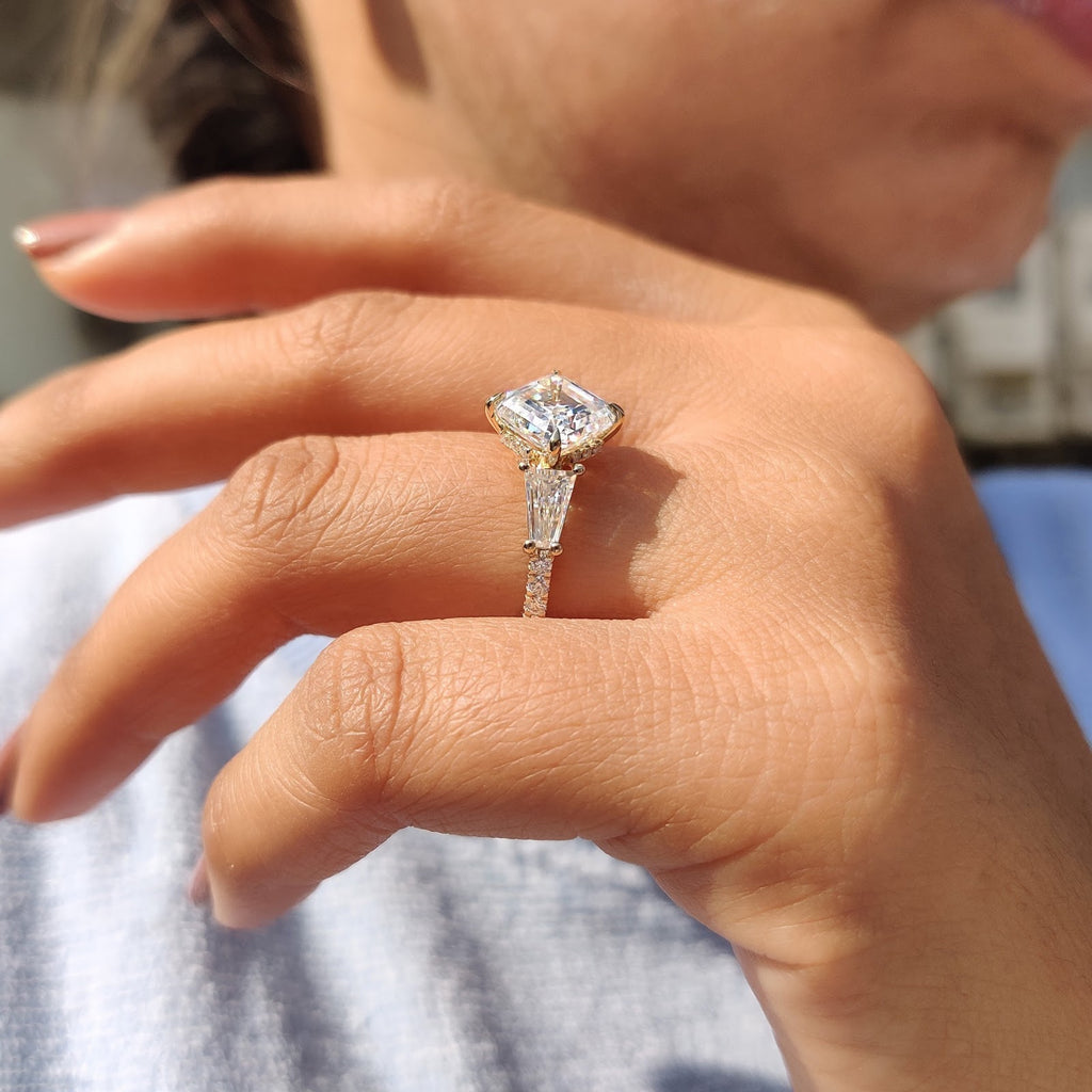 2.59 CT Asscher Diamond Botanica Hidden Halo Pavé Three Stone Engagement Ring