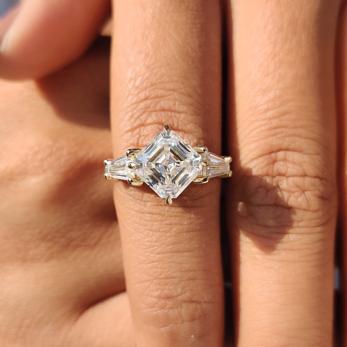 2.59 CT Asscher Diamond Botanica Hidden Halo Pavé Three Stone Engagement Ring