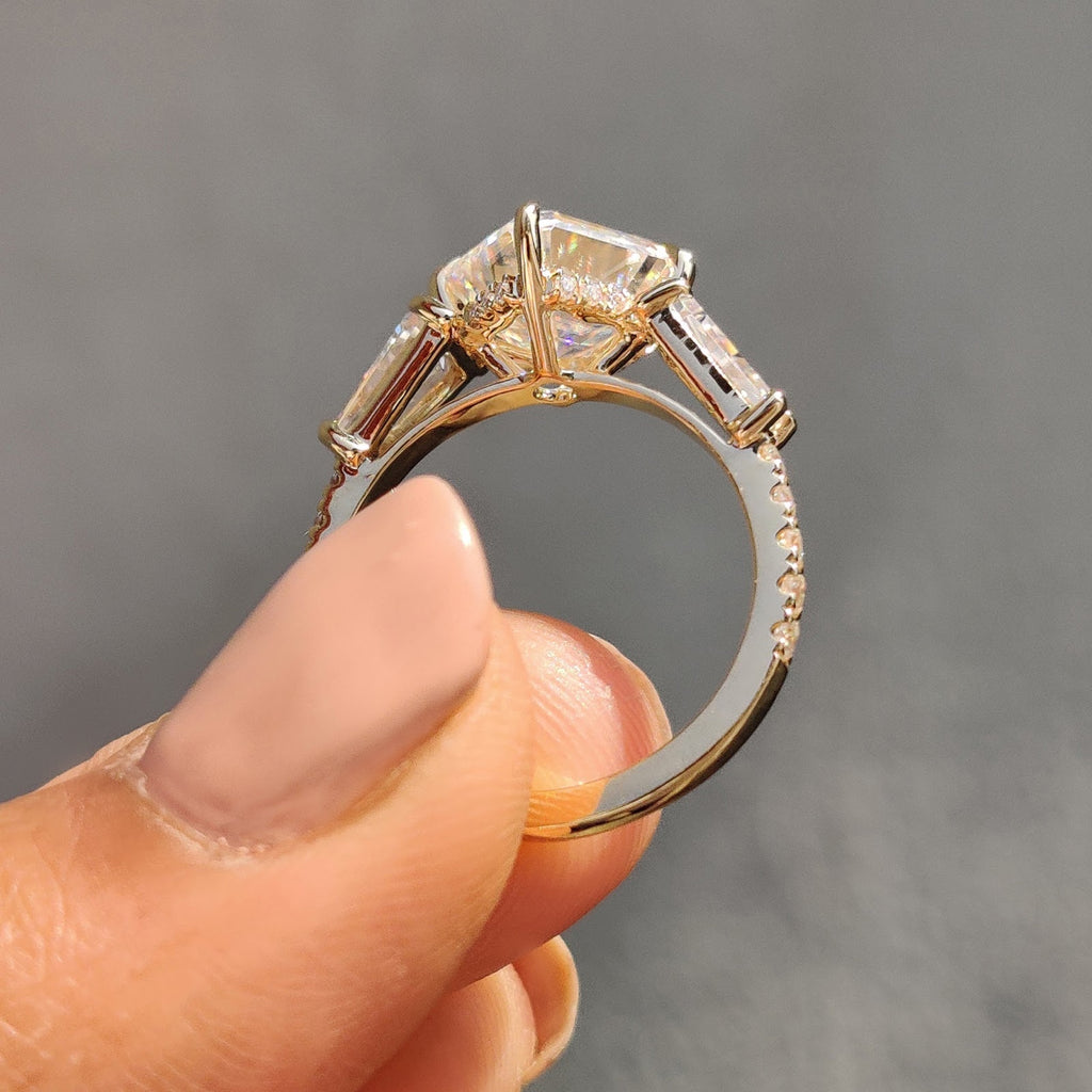 2.59 CT Asscher Diamond Botanica Hidden Halo Pavé Three Stone Engagement Ring