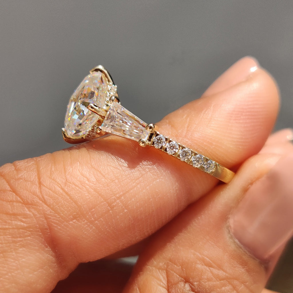2.59 CT Asscher Diamond Botanica Hidden Halo Pavé Three Stone Engagement Ring
