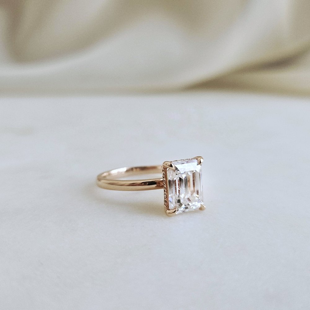 3.0 CT Emerald Cut Hidden Halo Moissanite Engagement Ring