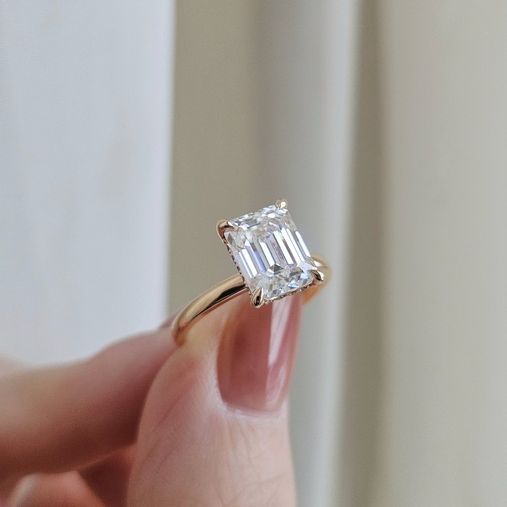 3.0 CT Emerald Cut Hidden Halo Moissanite Engagement Ring
