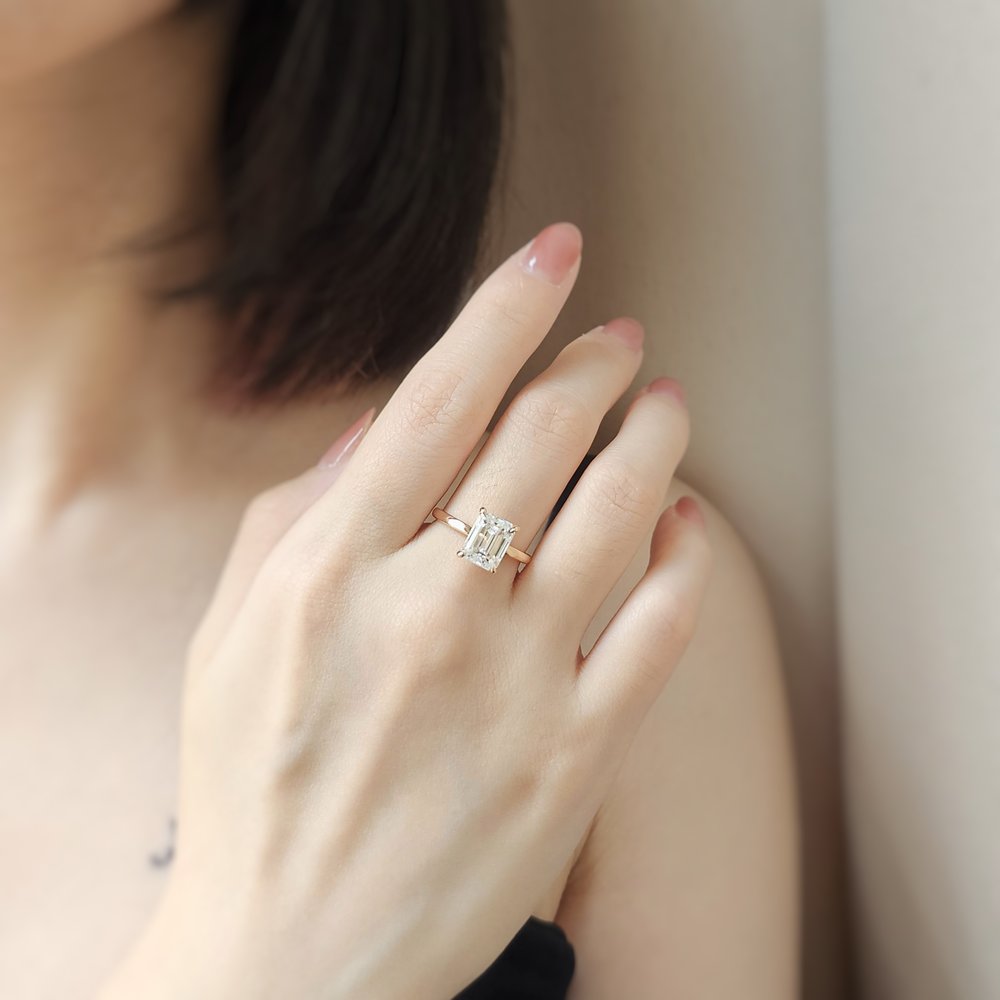 3.0 CT Emerald Cut Hidden Halo Moissanite Engagement Ring