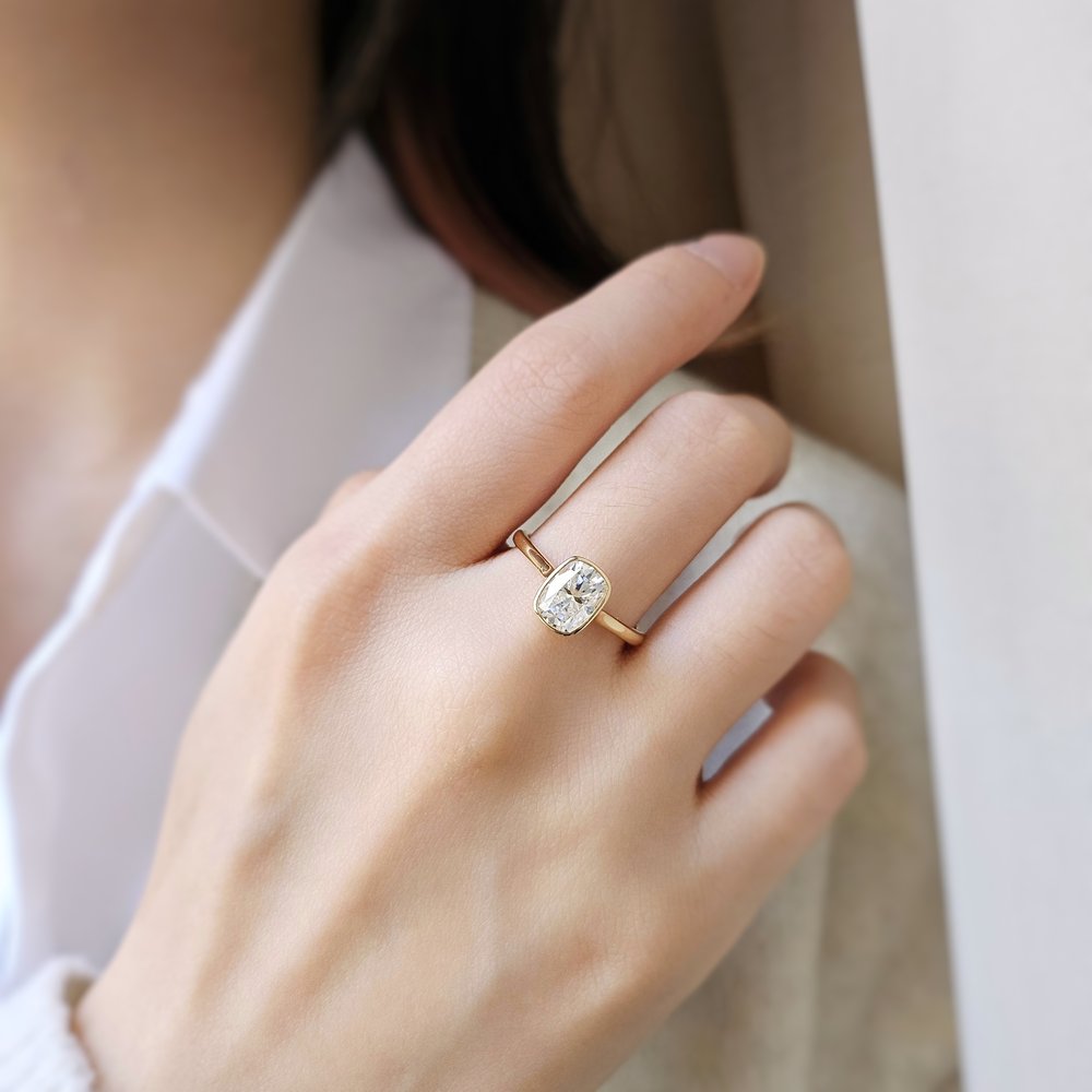 1.50 CT Cushion Cut Solitaire Bezel Style Moissanite Engagement Ring