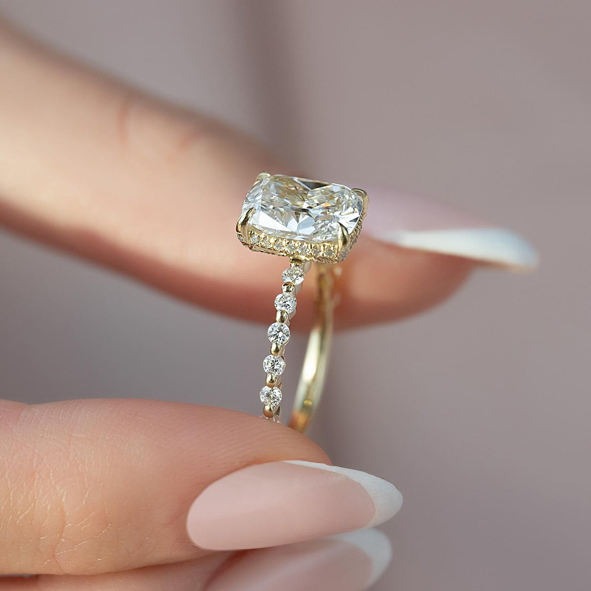 1.0-3.0 CT Elongated Cushion Lab Grown Diamond Hidden Halo Engagement Ring