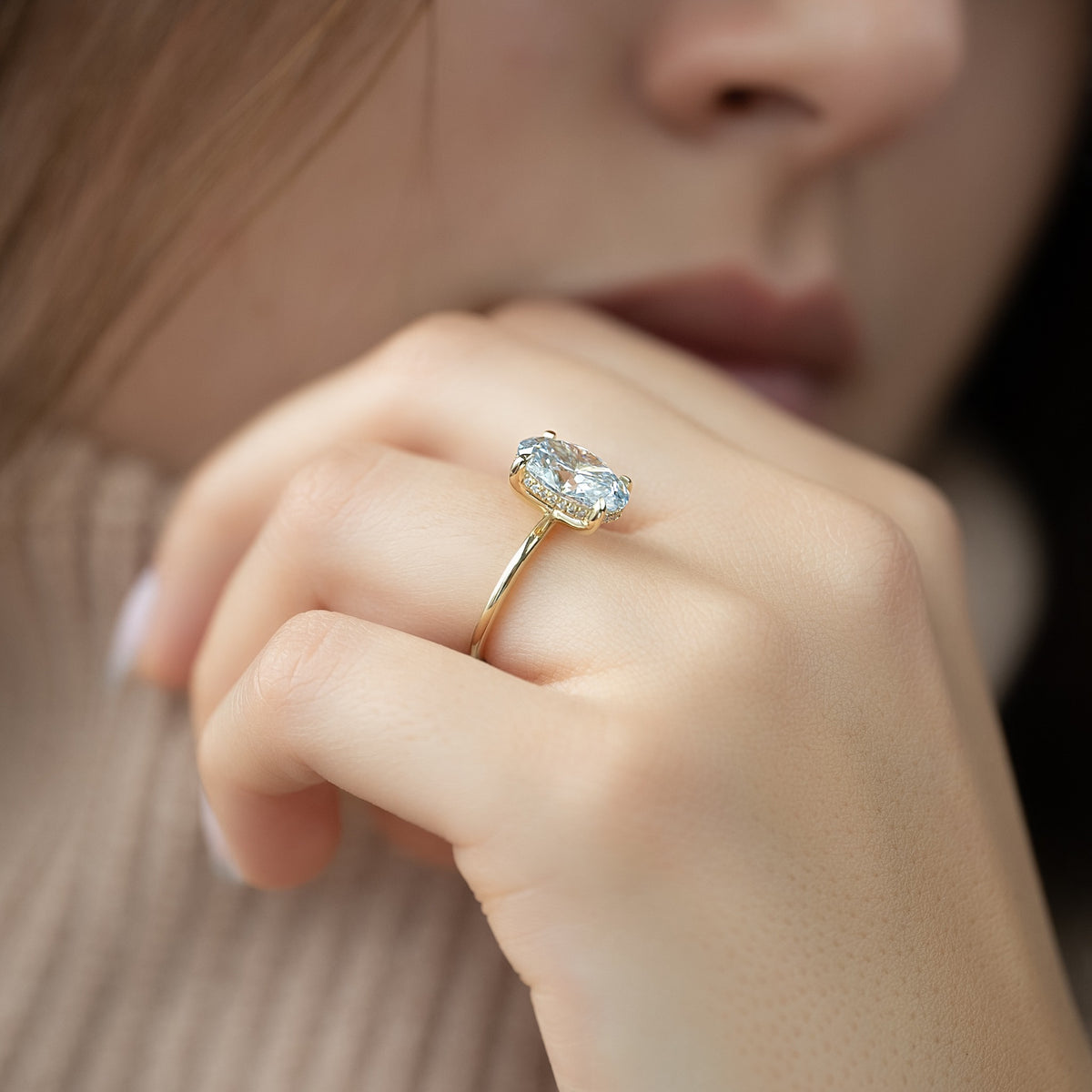 1.00-3.00 CT Oval Lab Grown Diamond Hidden Halo Engagement Ring