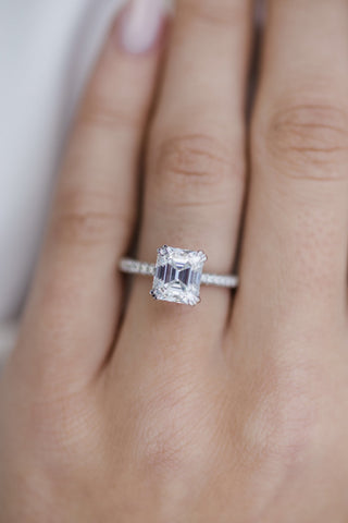 2.30 CT Asscher Solitaire Hidden Halo & Pave Moissanite Engagement Ring - violetjewels