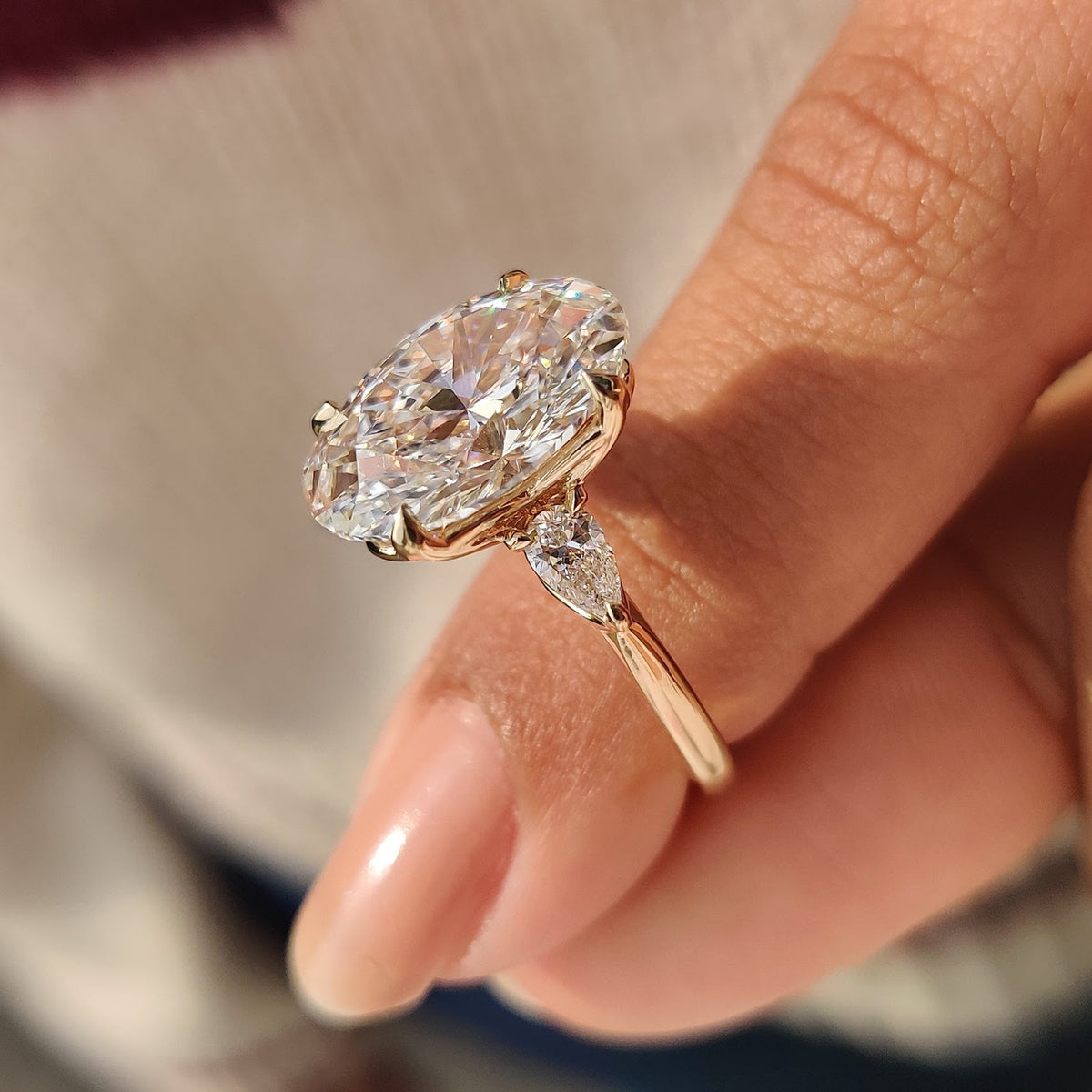5.0 CT Oval Diamond Brilliance Pear Accent Three Stone Engagement Ring
